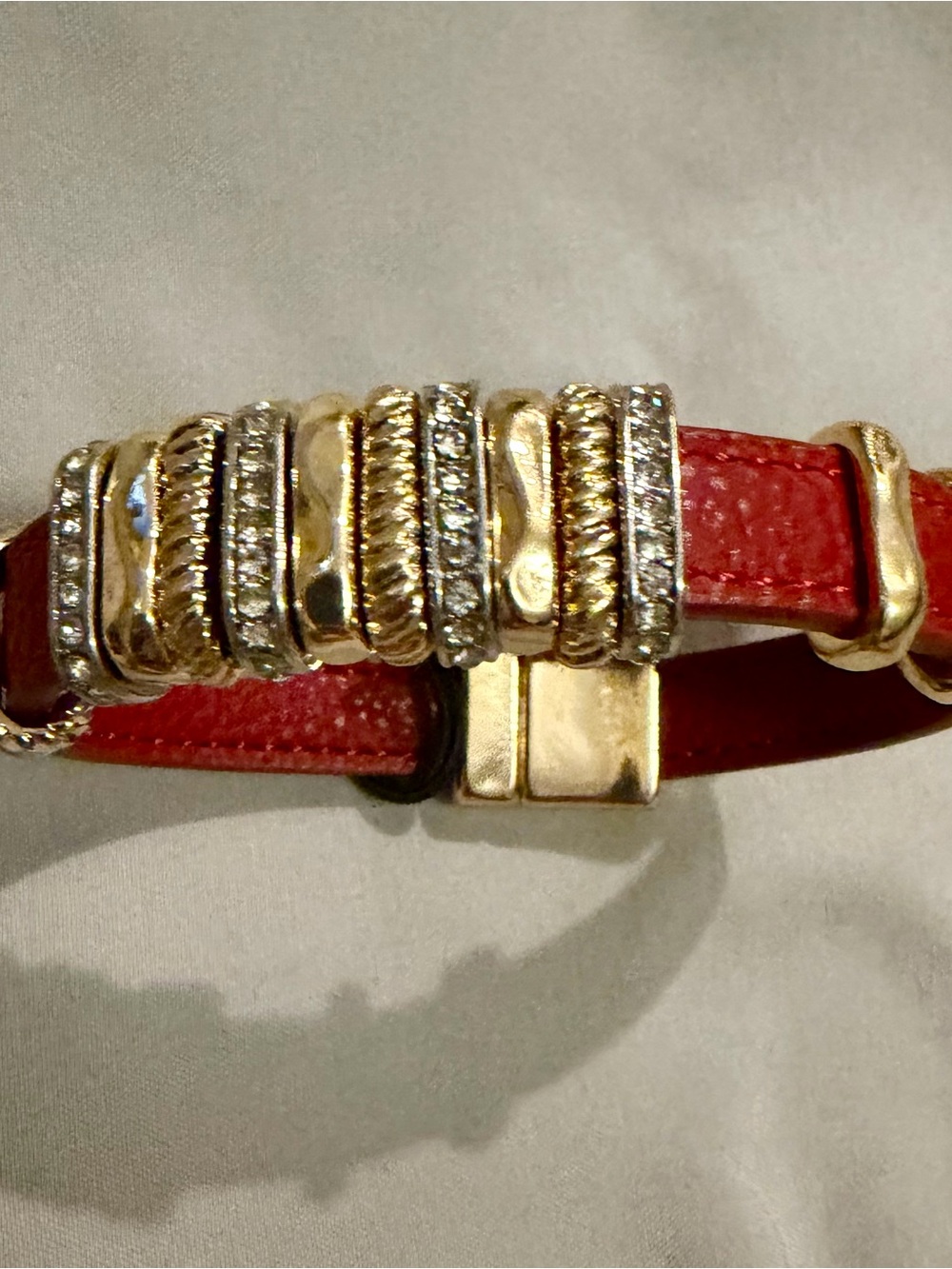 Coco + Carmen Red Leather Bracelet with Gold Crystal Accent Bands